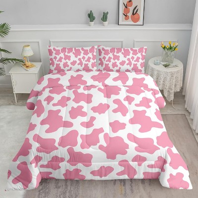 Cow Print Comforter Set Full Size – Pink & White Cartoon Cowhide Bedding, Farmhouse Style Quilt with 2 Pillowcases for Kids, Girls, Boys & Teens