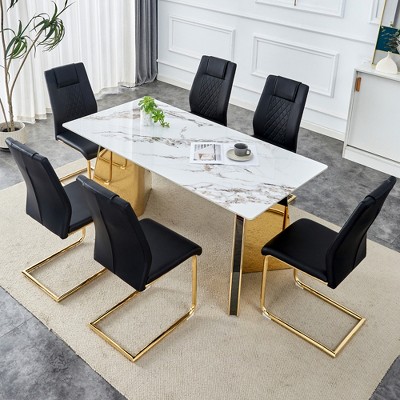 ModernLuxe 7 PCS Dining Table Set for 6, Modern Dining Set with 6 Upholstered Dining Chairs & Gold Stainless Steel Butterfly Legs, Black/White