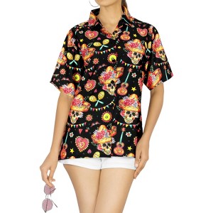 LA LEELA Women's Hawaiian Blouse Dresses Tops Vintage Shirt Button Down Summer Halloween Costumes Party Short Sleeve Shirts for Women - 1 of 4