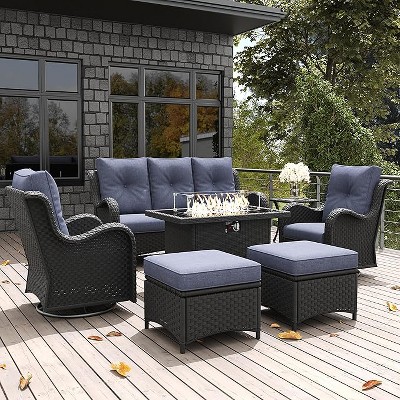 LayinSun Outdoor Patio Furniture Set, Black Rattan Wicker Sectional Swivel Rocker Chairs Sets with Ottomans, Swivel Glider Chair