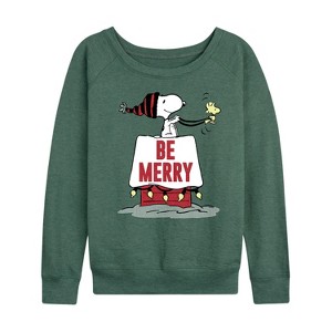 Women's - Peanuts - Snoopy Be Merry Lightweight French Terry Wide Neck Long Sleeve Shirt - 1 of 4