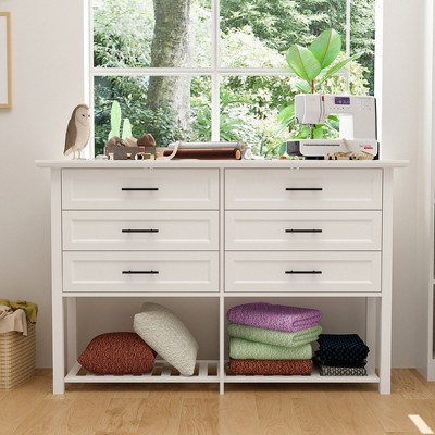 FUFU&GAGA 6 Drawer White Horizontal Dresser with Bottom Open Shelf Living Room Storage Cabinet