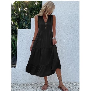 Womens Summer Dress V Neck Sleeveless Button Front Loose Fit Casual Dress - 1 of 3