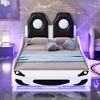 TIRAMISUBEST Wood Twin Size Race Car-Shaped Platform Bed with LED Light and Upholstered Backrest, Modern Car Bed Frame with Slats Support - 2 of 4