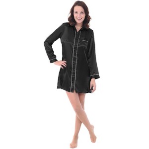 ADR Womens Satin Nightgown, Long Boyfriend Style Button Front Sleep Shirt - 1 of 3