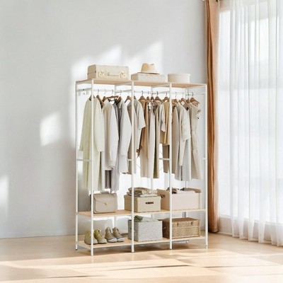 SONGMICS Clothes Rack, Iron and Wood Wardrobe Closet Organizer, Heavy Duty Garment Rack with Hanging Rods