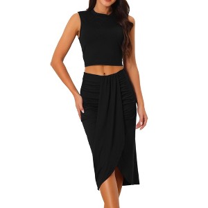 Seta T Women's Casual Sleeveless Summer Two Piece Crop Top and Side Split Draped Ruched Skirt Set - 1 of 4