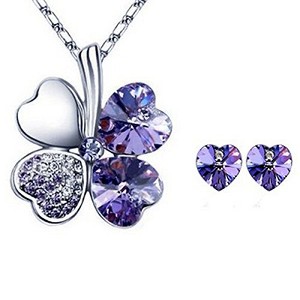 Lucky Sweethearts Gold Plated Crystal Heart Shaped Four Leaf Clover Pendant Necklace and Earrings Jewelry Set - 1 of 1