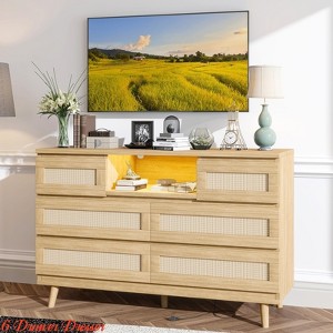 Entryway Rattan 6 Drawer Dresser with Charging Station, Led Lights, Wooden Natural Dresser for Bedroom, Modern Farmhouse Chest of Drawers - 1 of 4