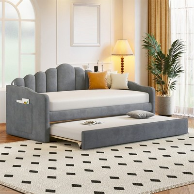 Twin Size Upholstered Daybed With Trundle, Velvet Day Bed With USB Charging Ports, No Box Spring Needed