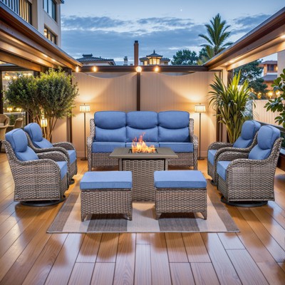 Buenhomino Patio Furniture Set with Fire Pit, Outdoor Wicker Furniture, 8 Pieces Deep Seat Rattan Conversation Sofa Sets with 6-inch Thicked Cushions