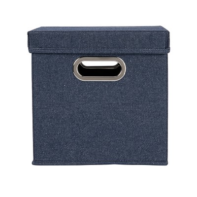 Denim Blue Cotton Blend Collapsible Cube Storage Box with Metal Handles