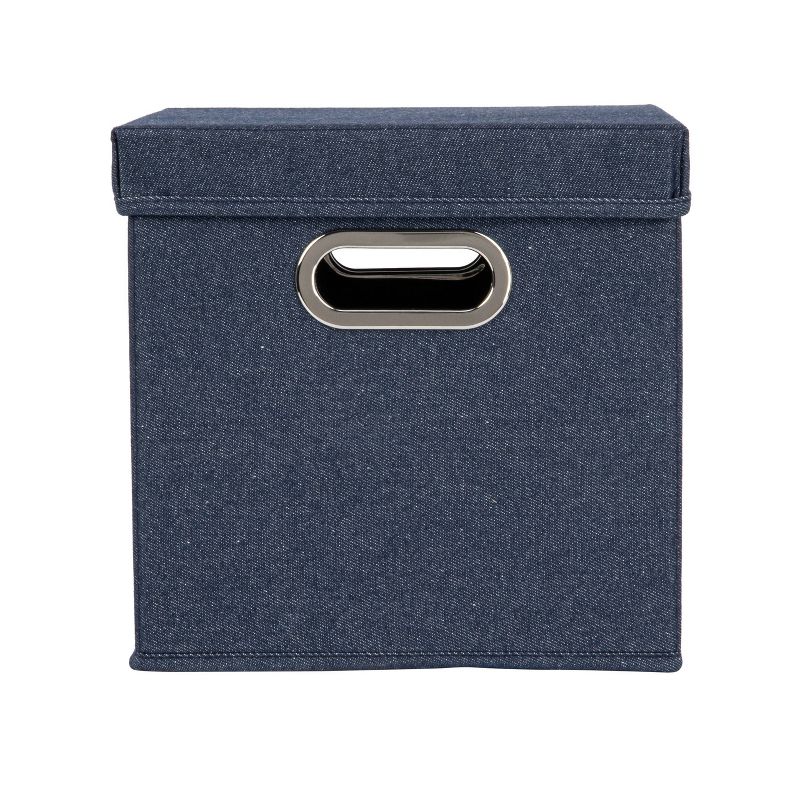 Household Essentials Set of 2 Collapsible Cotton Blend Cube Storage Box with Lid and Metal Grommet Handle Denim, 6 of 12