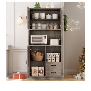 Tall Pantry Cabinet with 2 Drawers, Open Shelves & Microwave Shelf for Kitchen, Dining Room, Living Room - 1 of 4