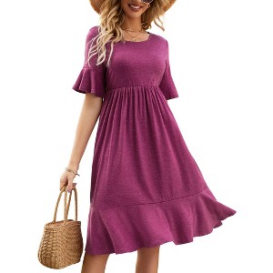 Tiered Dress Women Flowy Midi Summer Casual Short Sleeve Crewneck Swing Dress with Pockets - 1 of 4