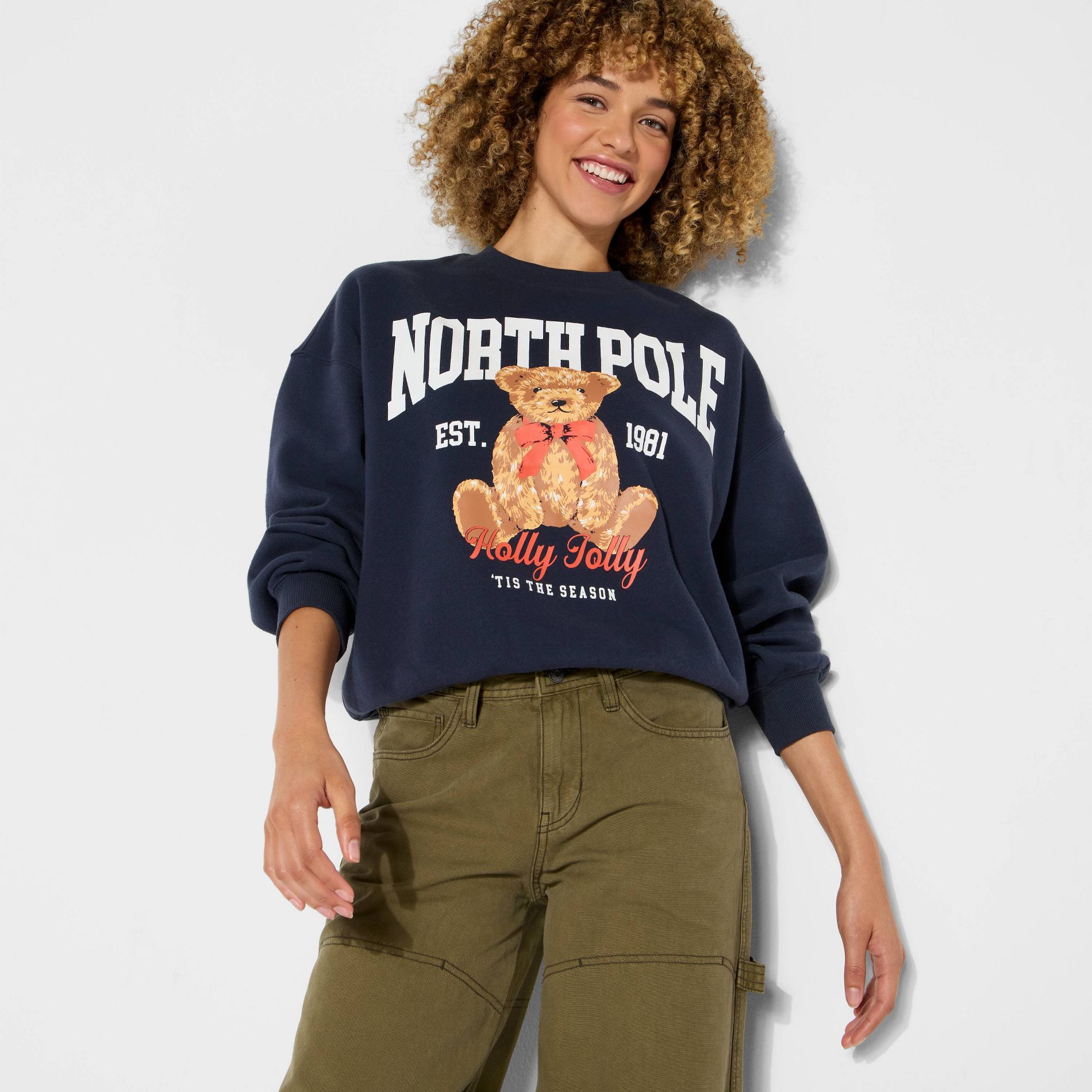 Women's North Pole Teddy Bear Graphic Sweatshirt - Navy Blue