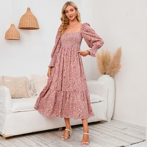 Women's Square Neck Smocked Top Long Sleeve Floral Print Maxi Dress - Soft & Breathable Fabric, Casual Boho Dress - 1 of 4