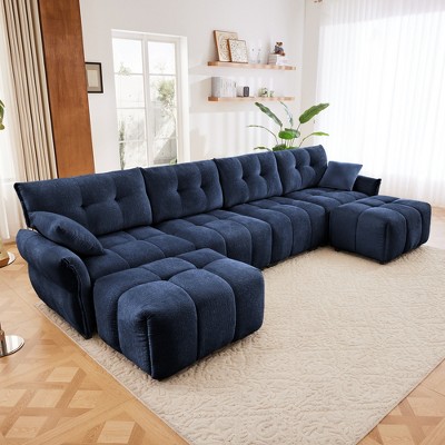 DOMETOUR 4-Seater Sofa Set with 2 Ottomans, Solid Wood Frame, Chenille Fabric, High-Resilience Cushions, Blue