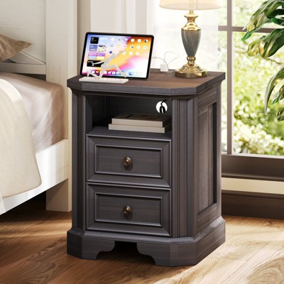 Farmhouse Nightstand with Charging Station, Wood Rustic End Table of Corner Bevel Shape with Drawers