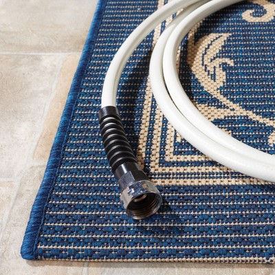 Navy and Beige Synthetic Square Easy-Care Outdoor Rug, 6'7" x 6'7"