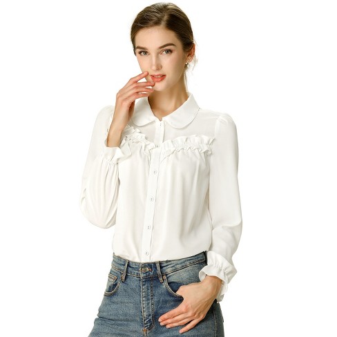 Allegra K Women's Button Down Ruffle Blouse Peter Pan Collar Work Shirt  White Small