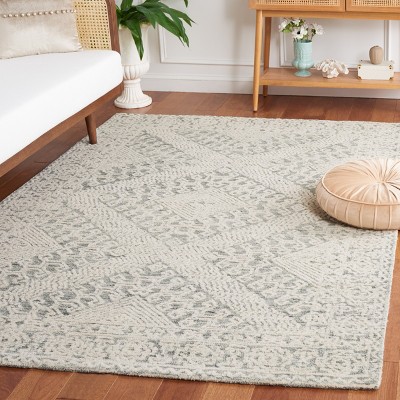 Ivory and Sage Geometric Wool Handmade Area Rug 5' x 8'