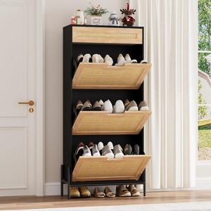 Rattan Storage Cabinet with 3 Flip Drawers,Freestanding Entry Way Shoe Storage Cabinet, Narrow Entrance Shoe Cabinets, Wood Shoe Storage - 1 of 4