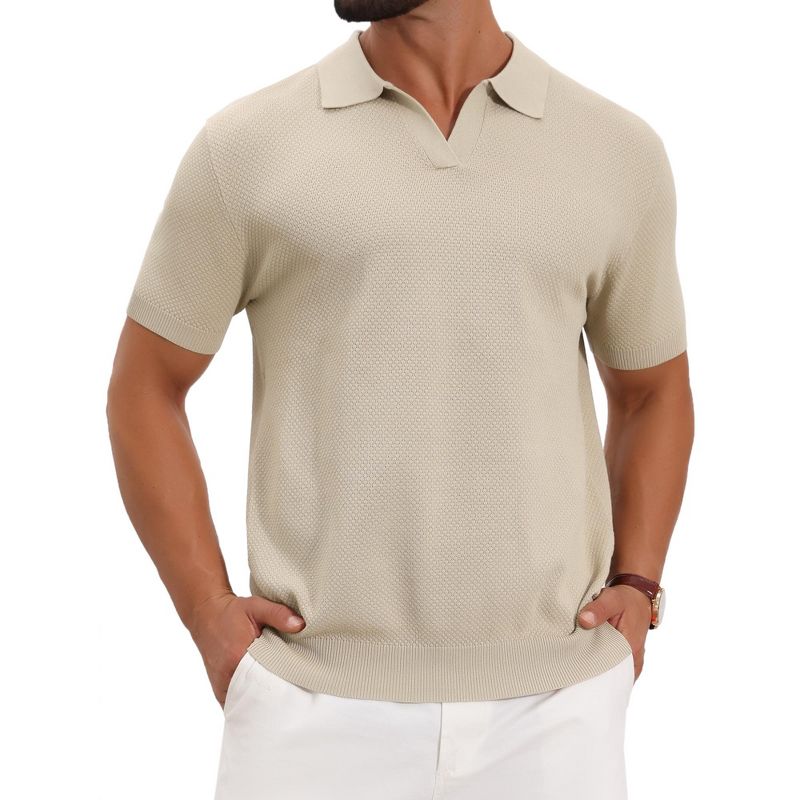 INSPIRE CHIC Men's Textured Golf V Neck Short Sleeve Casual Knit Polo Shirts Small Beige