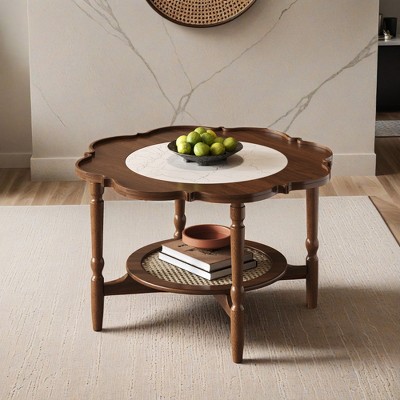 Mid-Century Style 31.5" Coffee Table with Petal Shape and White Crackle Pattern Glass, 2-Tiered Coffee Table with Rattan - Leovsnove