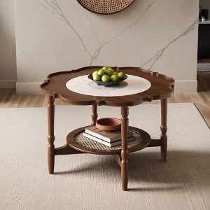 Mid-Century Style 31.5" Coffee Table with Petal Shape and White Crackle Pattern Glass, 2-Tiered Coffee Table with Rattan - Leovsnove - 1 of 4