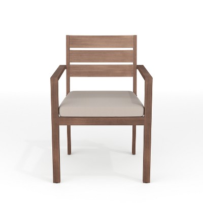 Brown Aluminum Patio Dining Armchair with Beige Cushions