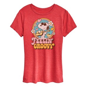 Women's - Peanuts - Feelin' Groovy Snoopy and Woodstock Short Sleeve Graphic T-Shirt - 1 of 4
