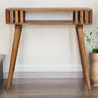 Console Table, Solid Wood, Light Brown Finish with Open Storage and Tapered Legs