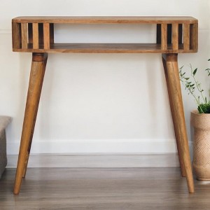 Console Table, Solid Wood, Light Brown Finish with Open Storage and Tapered Legs - 1 of 4