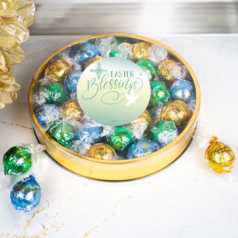 Easter Candy Gift Tin with Chocolate Lindor Truffles by Lindt Large Plastic Tin with Sticker - Easter Blessings - By Just Candy, 1 of 2