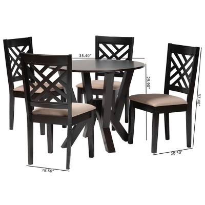 Elise Round Espresso Wood Dining Set with Beige Fabric Seats, 5-Piece