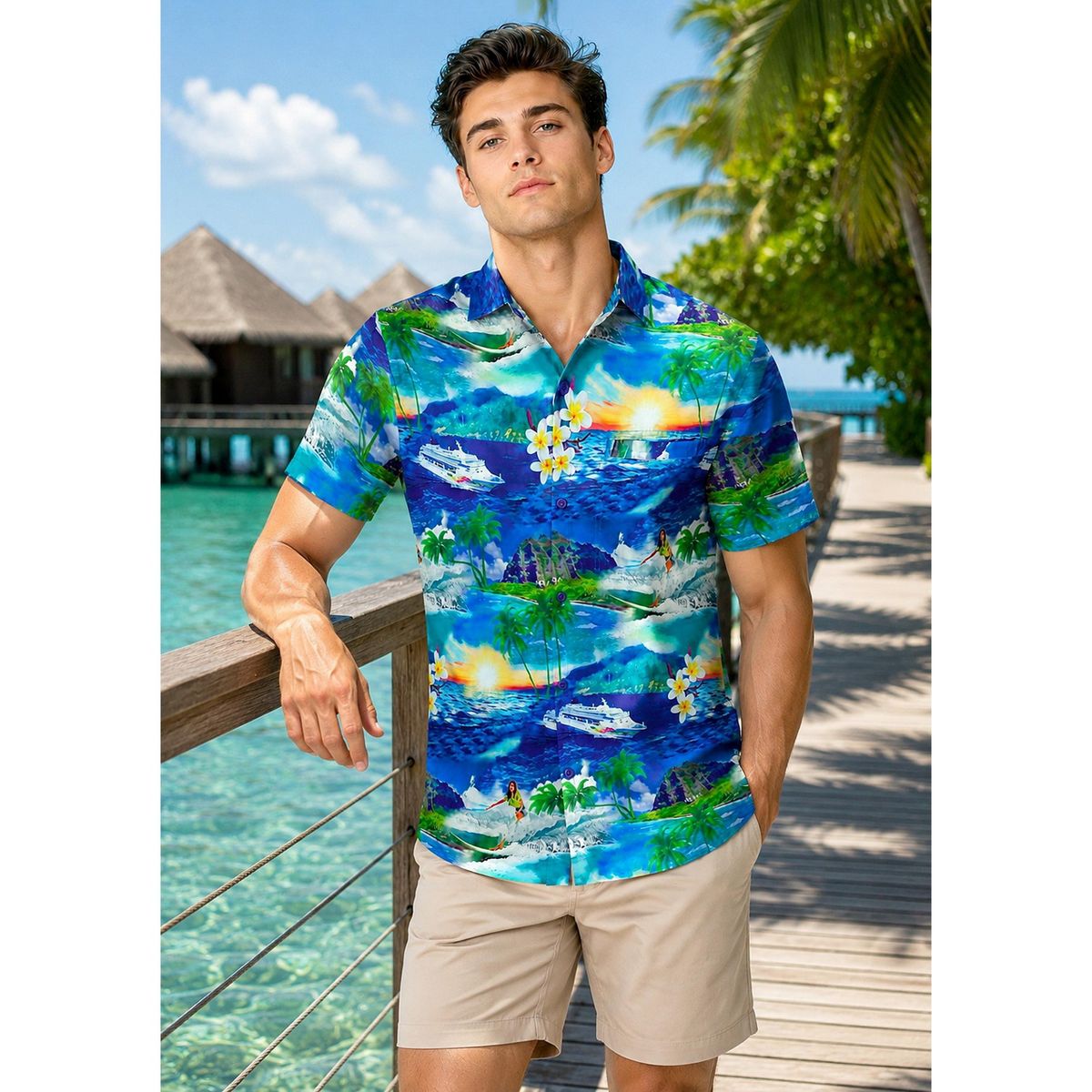 LA LEELA Mens Hawaiian Shirts Short Sleeve Button Down Shirt Men's Holiday Shirts Summer Casual Holiday Tropical Shirts for Men Funny XXL Blue, Tree - thumbnail 5
