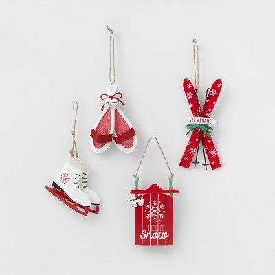 4pk Wood & Metal Skis, Sled, Snowshoes & Skates Christmas Tree Ornaments - Wondershop™