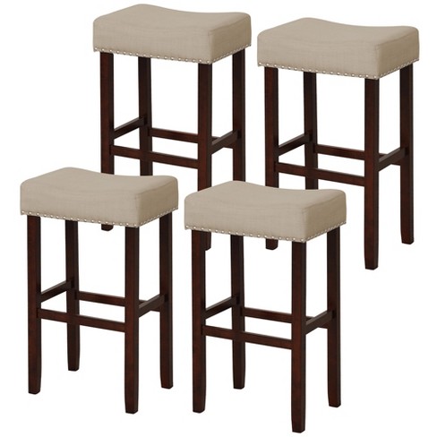 Costway Set Of 4 Nailhead Saddle Bar Stools 24'' Height W/ Fabric Seat &  Wood Legs Beige\gray : Target