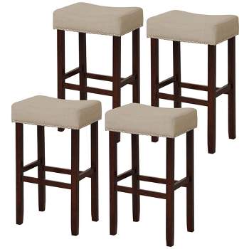 Tangkula Set of 4 Bar Stools Bar Height Saddle Kitchen Chairs w/ Wooden Legs Beige