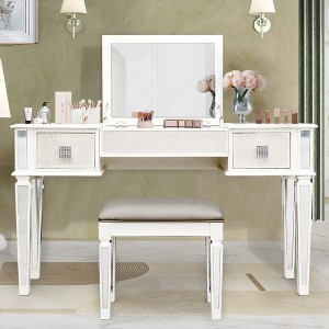 FONTOI 54"W Mirrored Makeup Vanity Desk with Drawers Flip Up Mirror and Stool for Bedroom Dressing Room, White, 54"*18"*30" - 1 of 4
