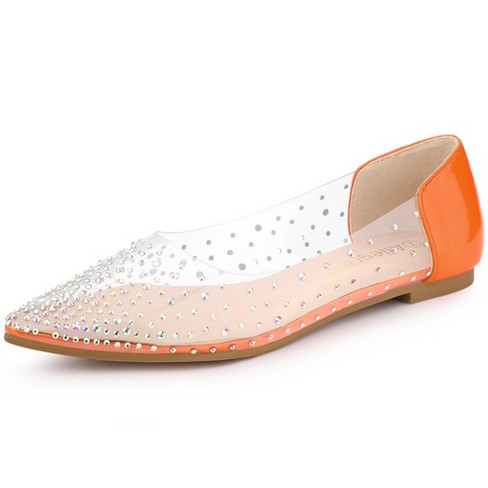 Allegra K Women s Pointed Toe Clear Rhinestone Ballet Flats Orange