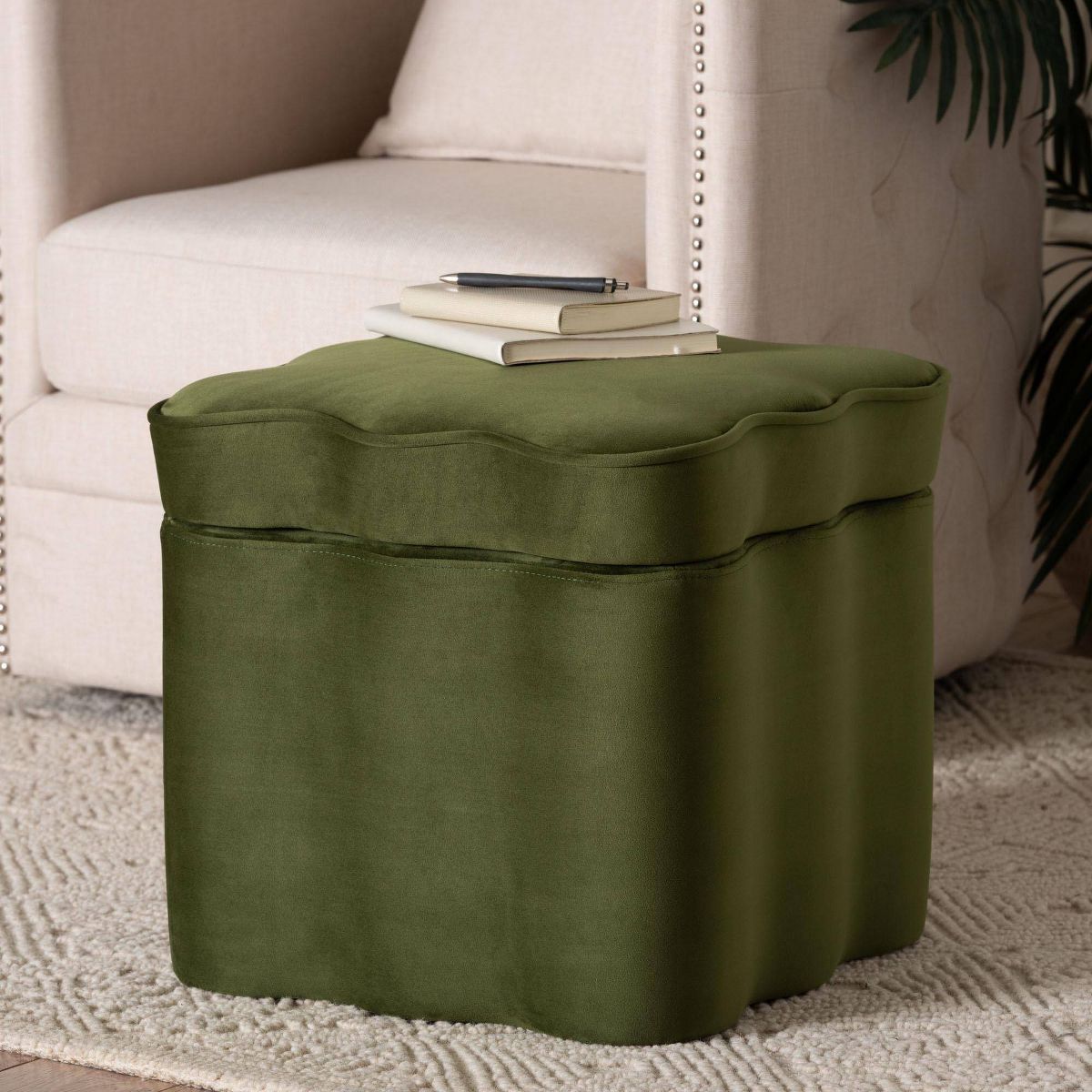 Baxton Studio Paulina Velvet Storage Ottoman Lid Top Accent Stool with Storage Green/Black - thumbnail 5