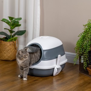 Akoasm Large Foldable & Easy Clean Two-Way Entrance Cat Litter Box With High Sides Lid, Air Freshener-White+Gray - 1 of 4