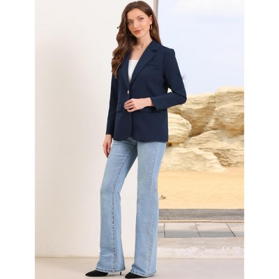 Женские куртки INSPIRE CHIC Women's Notched Lapel Single Breasted Long Sleeve Straight Lined Suit Jacket Blazer Medium Dark Blue — фото 4