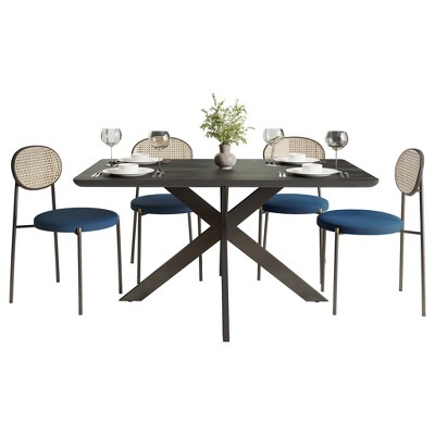 LeisureMod Ravenna 5-Piece Dining Set – 63" Rectangular MDF Dining Table in Ebony with 4 Velvet Upholstered Dining Chairs and Black Steel Legs