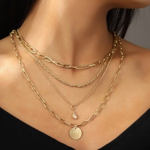 HTUTWOO Women Gold Layered Necklaces, Round Water-Droplets Pendant Clavicle Necklace, Trendy Statement Jewelry Gift - 1 of 4