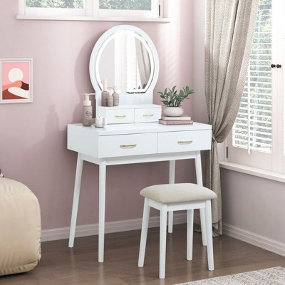 NicBex 31.5" Makeup Vanity Desk with Mirror and Stool,Retro Makeup Table with Storage Drawers for Bedroom,White