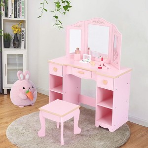 Kids Pretend Play Vanity Set with Tri-Fold Mirror, Stool & Storage - Toddler Makeup Desk for Girls 3+ - 1 of 4