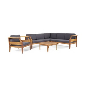 5pc Aston Outdoor Mid-Century Modern Acacia Wood Sectional Set with Club Chair Teak/Dark Gray - Christopher Knight Home - 1 of 4